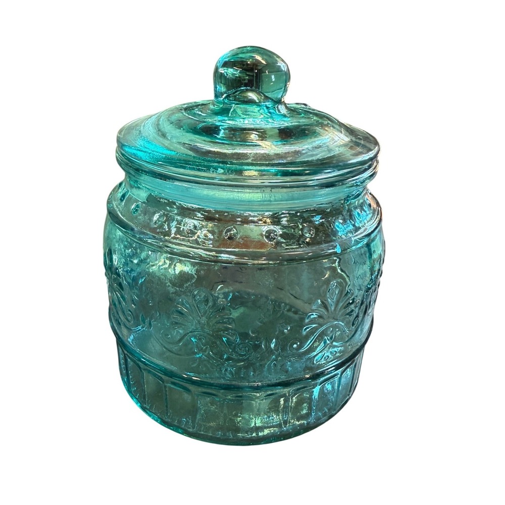 The Pioneer Woman Cassie Teal Embossed Glass Canister 6.5" - Picture 3 of 7